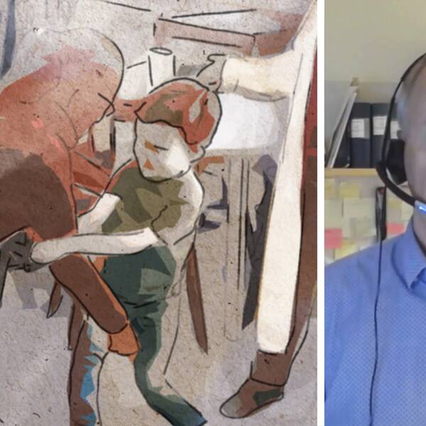 En illustration över incidenten där kvinnan tar i det tvååriga barnet. Samt ett porträtt av Sollefteås skolchef Lars-Olov Wengelin.