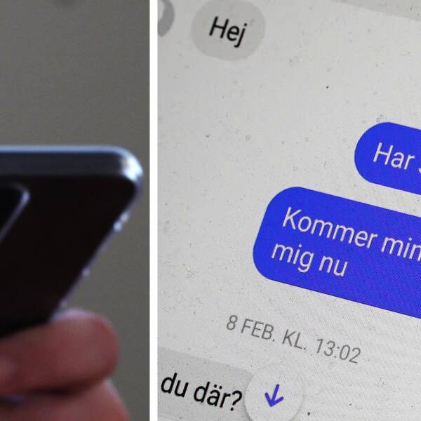 Till vänster syns en svart mobiltelefon som någon håller i, till höger en bild på en konversation där det står har skickat pengar och kommer mina pengar till mig nu.