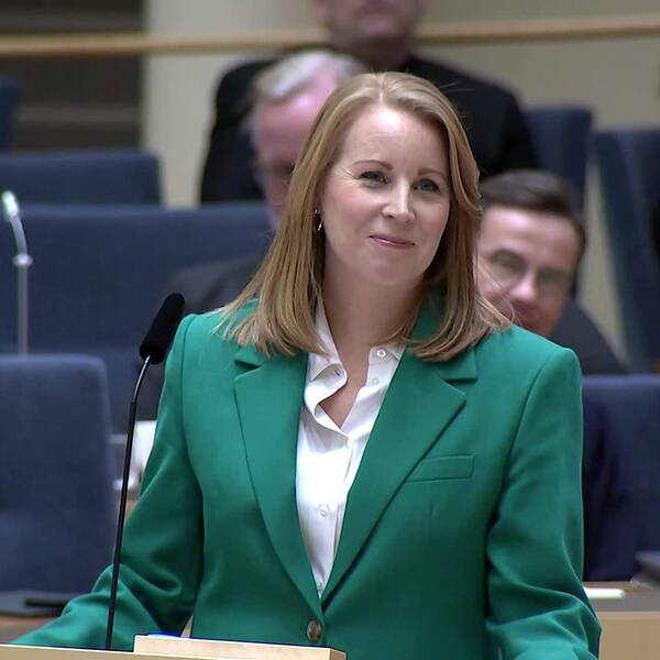 Annie Lööf tar emot hyllningar från partiledarkollegerna i riksdagen i sin sista partiledardebatt.