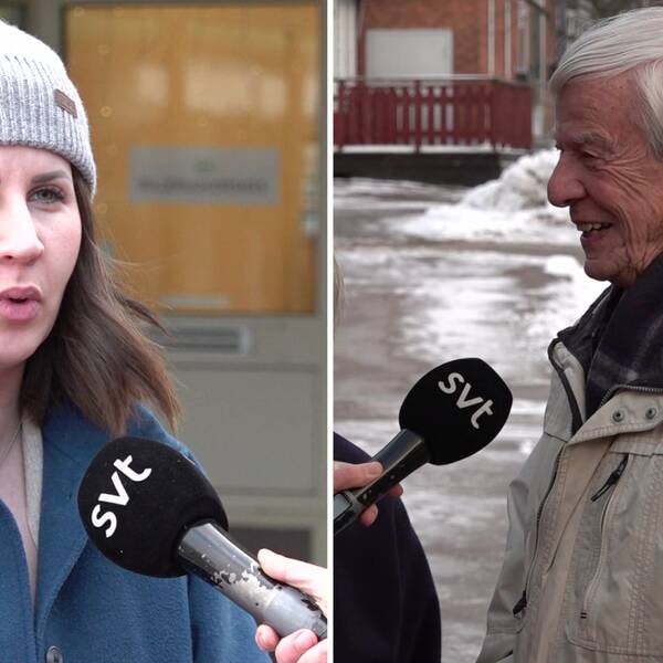 Till vänster syns en kvinna i blå kappa och mössa, hon heter Veera och är glad över att inte ha ett stort hus att värma upp i vinter. Till höger syns en man i ljus jacka som skrattande svarar på frågan om elpriset har ökat något.