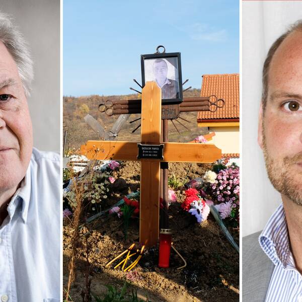 En tvådelad bild. I mitten syns ett träkors med den avlidne gästarbetaren Fanica Gherasim som dog på arbetsplatsolyckan i augusti. Vid sidan av honom syns två män – experter på arbetsrätt.