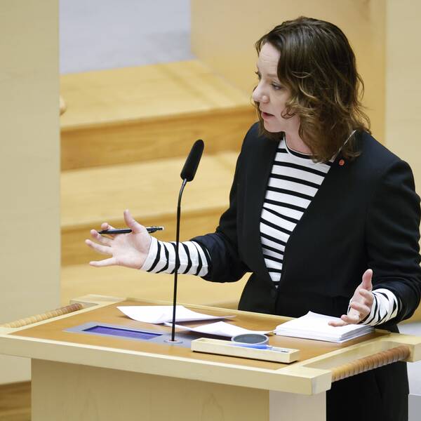 Matilda Ernkrans (S) står i talarstolen i riksdagen. 