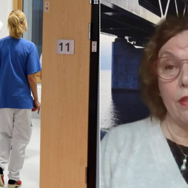 Bild på en sjuksköterska med blå tröja och vita byxor som står i ett sjukhusrum med ryggen vänd mot kameran. Även en bild på en kvinna med mörkt hår och vit tröja som sitter framför en bild på en lång bro. Kvinnan heter Maria Ingvarsson och äh HR-strateg i Region Skåne. Hon svarar på tre frågor om hur de blev den enda regionen att uppnå ett oberoende av hyrpersonal inom vården.