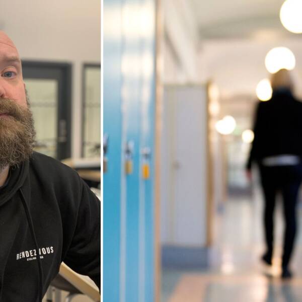 Porträtt på Henrik Persson: Medelålders man med rakat huvud och skägg. En bild på en suddig skolkorridor.