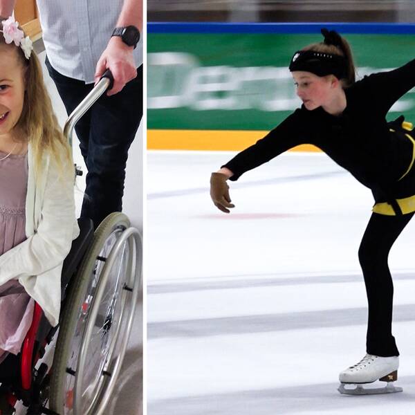 En bild på en sjuårig Vilma i rullstol i klädd en klänning och en blommigt diadem, sen vilma som åker skridskor på ett ben och ett uppsträkt i luften.
