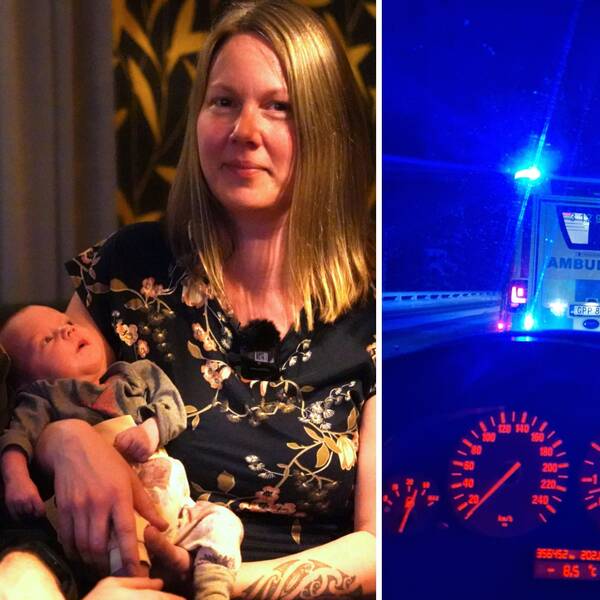 Delad bild. Till vänster: Stina Eliasson och Mikael Berglund från Vilhelmina sitter med dottern Lea i famnen. Till höger: bild på ambulans, tagen inifrån bil, på mörk väg