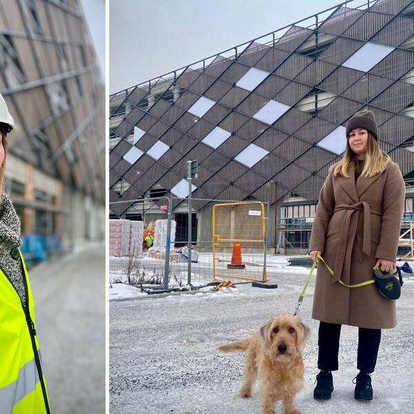 I bild till vänster: Stadsarkitekt Emma Nordebo Snygg iklädd skyddshjälm och väst. I Bild till höger: Hudikbon Stephanie Lack, med hunden Elton, framför det nya parkeringshuset i Kattvikskajen i Hudiksvall.