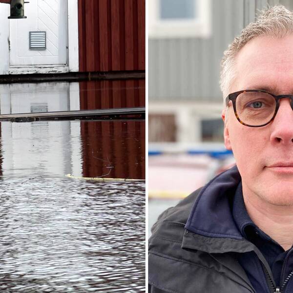 Till vänster översvämmad mark. Till höger Fredrik Björnberg, vakthavande räddningschef i Jönköpings län.