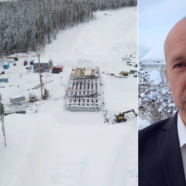 Delad bild. Till vänster: Drönarbild Dåva kraftvärmeverk i Umeå. Till höger: Mårten Henriksson, affärsutvecklare Umeå Energi.