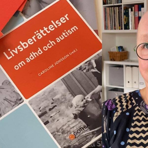 En broschyr med texten livsberättelser om adhd och autism och en kvinna med glasögon.