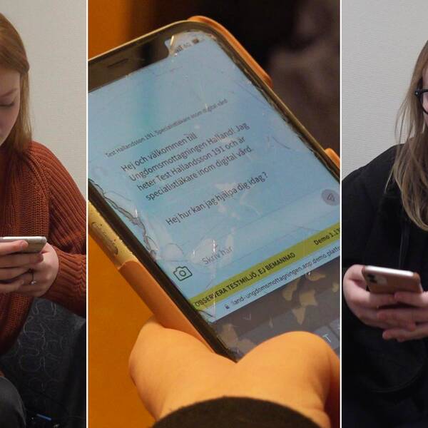 Två bilder på ungdomarna Simone och Agnes samt en telefon med ett meddelande från en barnmorska på ungdomsmottagningen.