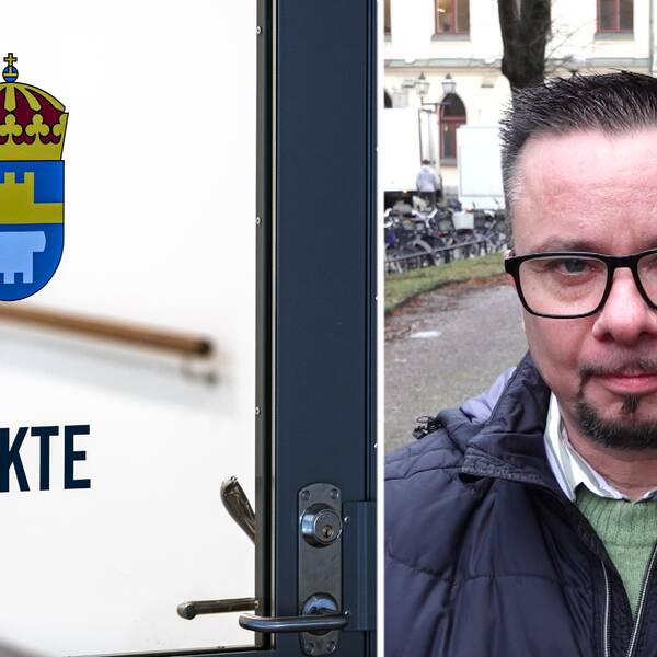 Bild på dörr till häkte med Kriminalvårdens logga på. Det är en dörr till häktet i Örebro som nu har pressat personalläge. Även bild på man i glasögon och kort hår. Mannen heter Daniel Ekblad och är Seko:s lokala företrädare