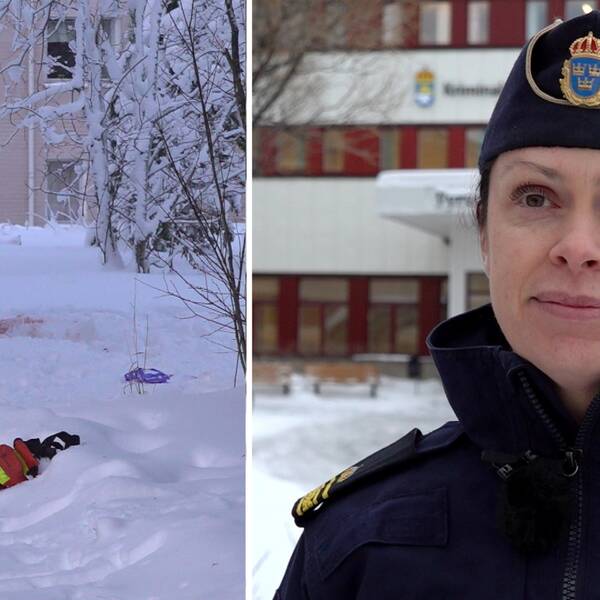 Till vänster blod i snö till höger en kvinnlig polis som tittar mot kameran.