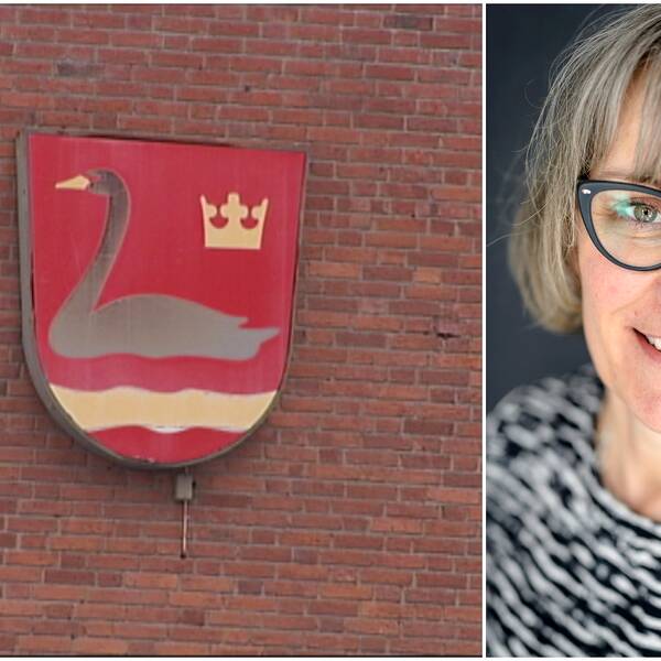 Splitbild med Ovanåkers röda emblem med en svan på samt en bild på den blonda, glasögonbeklädda, Marita Lindsmyr