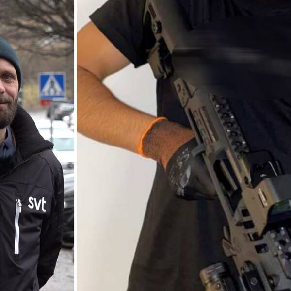 Bild på en man i mössa och mörk jacka med SVTs logga på. Mannen heter Mattias Gunnarsson och är reporter på SVT. Även en bild på en man som håller i ett maskingevär. Vapnet är från det åtal där sju män i Eskilstuna åtalades för synnerligen grovt vapenbrott.