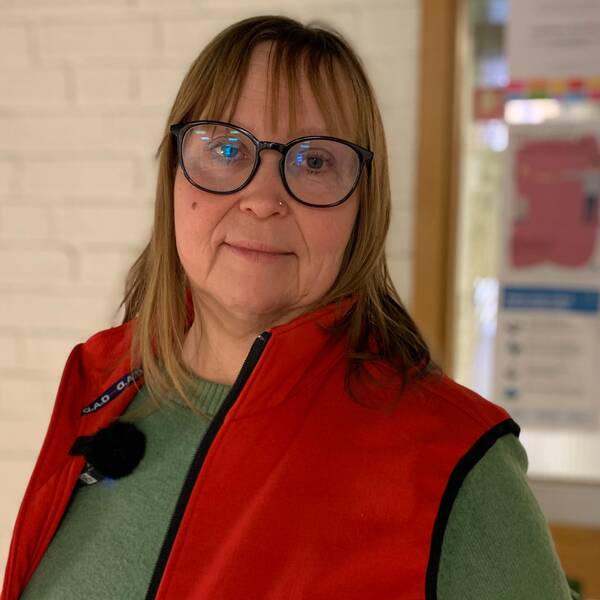 Anki Pettersson har axellångt ljusbrunt hår och pannlugg. Hon har på sig glasögon med svarta bågar och är klädd i en röd väst med en grön tröja under.