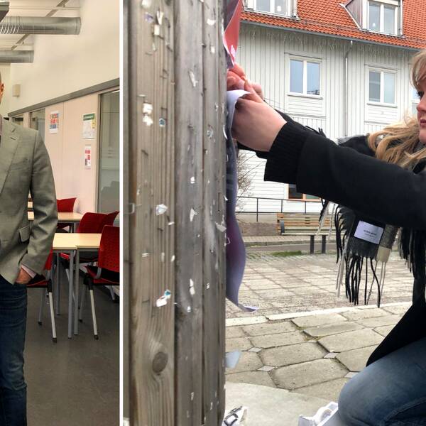 Mats Söderström, tillförordnad verksamhetschef för fastighet står i ett klassrum. Klara Larsson, medlem i SSU sätter upp en affisch till köldupproret.