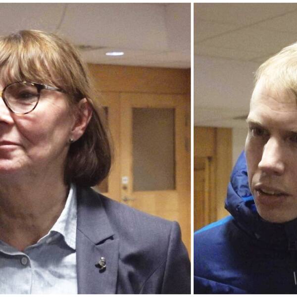 Karin Stikå Mjöberg och Gustav Backlund i varsin del av bilden, intervjuade i regionkontorets foajé