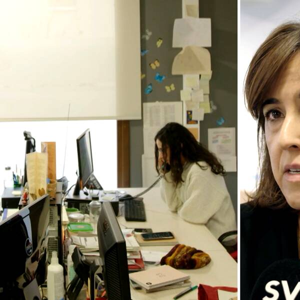 Bild på två kvinnor som jobbar i ett kontor. Bild på kvinna som blir intervjuad.