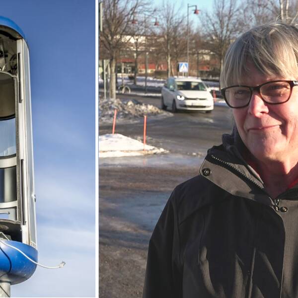 Porträttbild på Trafikverkets Eva Lundberg och entät bild på en tom fartkamera med öppen skåpdörr.