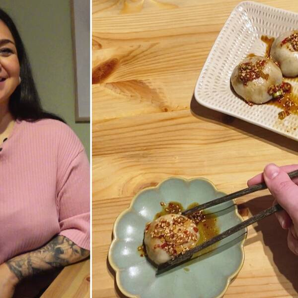 Nazuk Turdieva och en bild på hennes dumplings.
