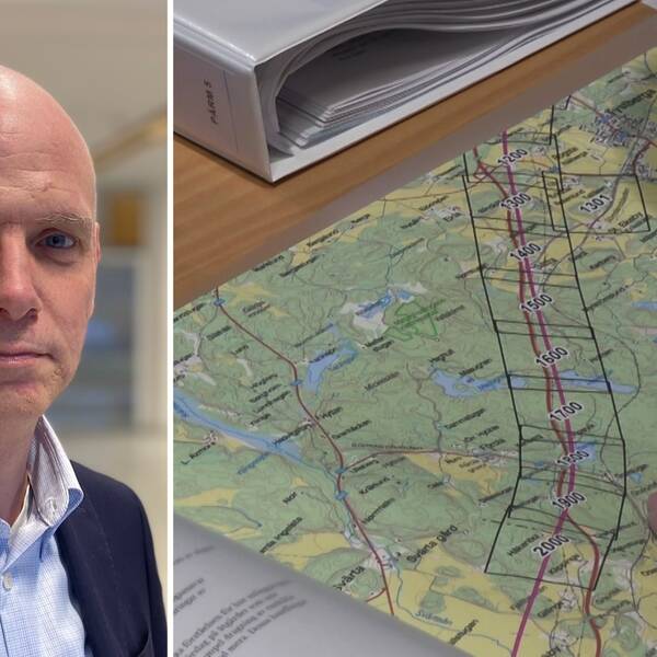 En skallig man i skjorta och kavaj. EN karta över möjlig dragning av en framtida Ostlänk.