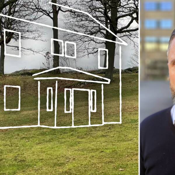En gräsplätt med ett ritat hus, delad bild med en man (kammaråklagare Martin Svensson)