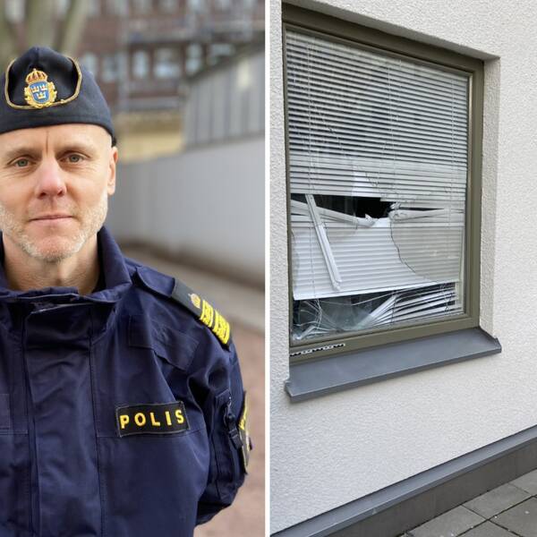 Bild på lokalpolisområdeschef Kristoffer Axell och en bild på ett krossat fönster.