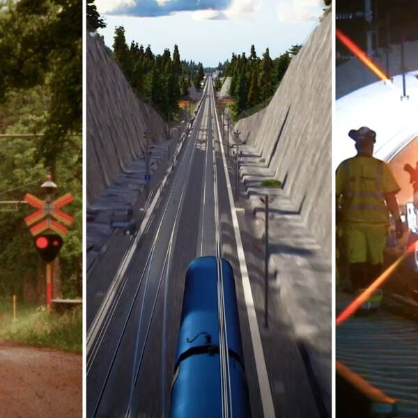 Tredelad bild som föreställer en järnvägsövergång, en animerad bild på en ny bansträckning och ett tunnelarbete.
