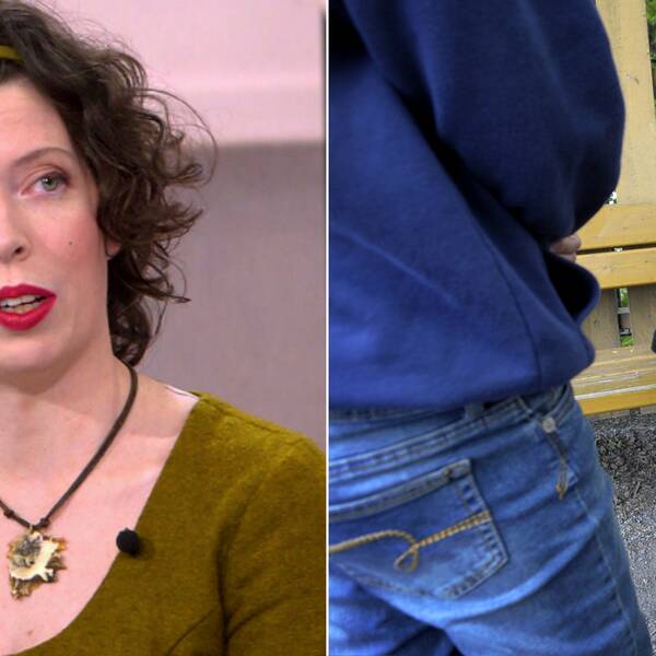 En kvinna (Maria Refors Legge, doktor i utbildningsrätt) från aktuelltstudion 26/1 -2023, delad med arrangerad bild på flicka som sitter med händerna för ansiktet.