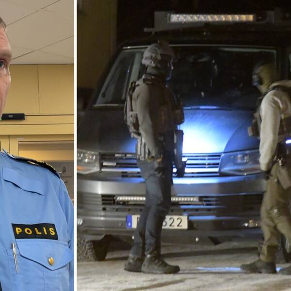 Bilden är ett collage med Josef Wiklund som står till vänster. Han har en blå polisskjorta på sig och bilden är tagen inomhus. På den högra bilden syns maskerade poliser, det är utomhus och mörkt.