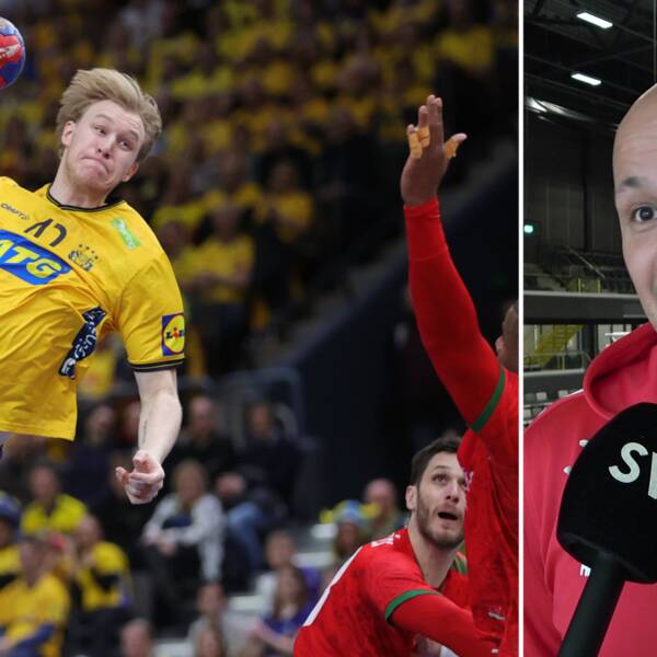 Bid från handbollsmatch,  Eric Johansson hoppar och ska kasta bollen. Delad bild med Guif-tränaren Zoran Roganovic som står i en idrottshall.