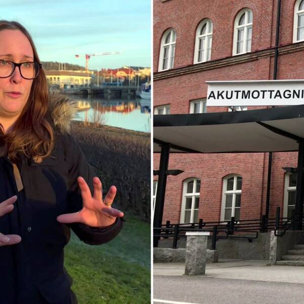 En kvinna (Emma Larsson) är oroad över om Lidköpings akut får finnas kvar, delad bild med fasad till akutmottagning.