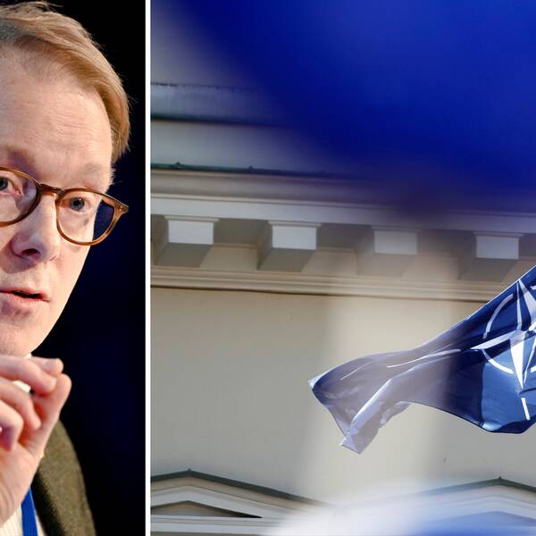 Tobias Billström och en bild på Natos flagga. 