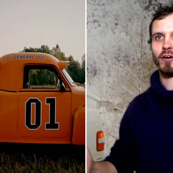 Montage med en bild på en kille sittandes på sin A-traktor och en bild på en man.