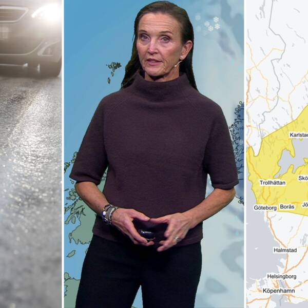 Bild på en hal väg, e kvinna (SVT:s meteorolog Pia Hultgren) och en karta från SMHI över norra Götaland, Svealand och allra sydligaste Norrland