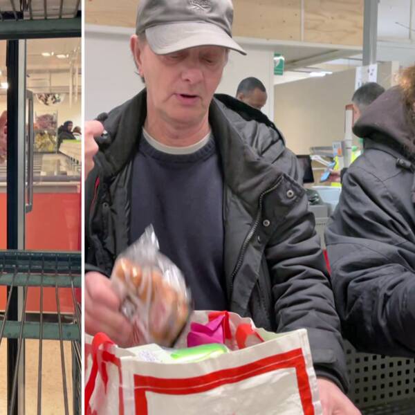 Bilder från en matbutik, men man och en kvinna står och packar ner varor, delad bild med någon som tar en jouice från ett kylskåp.