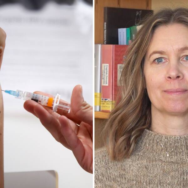 Till vänster: Arm med en vaccinspruta. Till höger: Malin Enarsson.