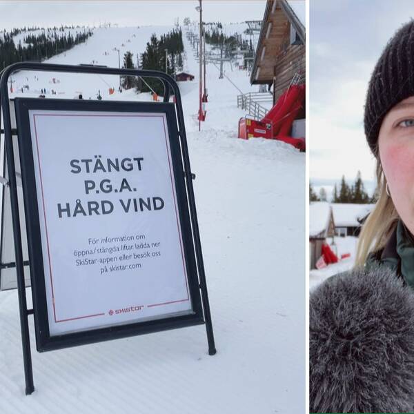 splitbild med skylt som visar: stängt pga hård vind och svt:s reporter sofie lind