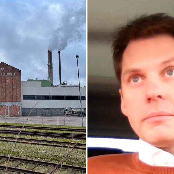 En bild på bruket i Hylte och en bild på vd Mikael Arvidsson. En man i vit skjorta ohc en röd/orange tröja.