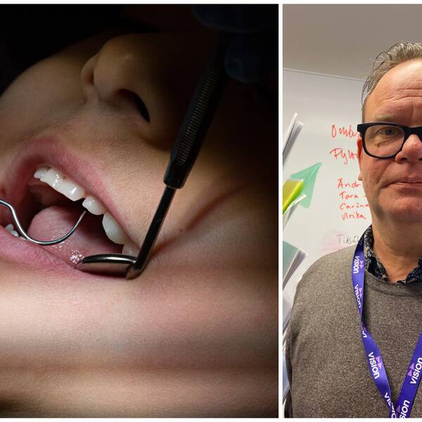 till vänster ett barn vars tänder undersöks med spegel och verktyg. Till höger en allvarlig man med blått nyckelband från Vision.
