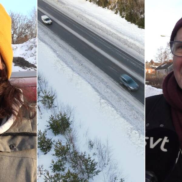 Delad bild. Till vänster en kvinna i gul mössa, till höger en man i vinröd mössa. I mitten en snöfri väg omgiven av plogkanter.