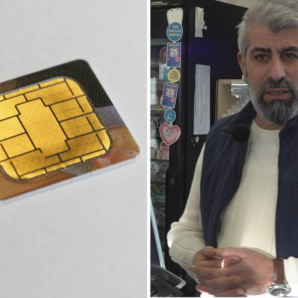 Bild på ett guldigt kreditkort och en bild på en man med grått hår och skägg. Han jobbar i butik i Eskilstuna. och pratar i klippet om stoppet för anonyma kontantkort
