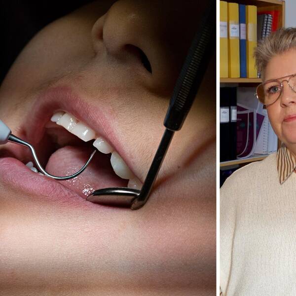 Tvådelad bild: En person undersöker tänderna hos tandläkaren och Petra Strömgren Fredin, ordförande för Vision Region Örebro län.