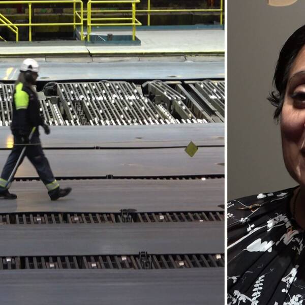 Bild i två delar: En arbetare går på industrigolvet på SSAB i Oxelösund och Era Kapilashrami blir intervjuad av SVT.