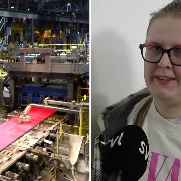 Bild i två delar: metall valsas ut på SSAB:s verk i Oxelösund samt Vic Holmström som blir intervjuad av SVT med en mikrofon framför sig.