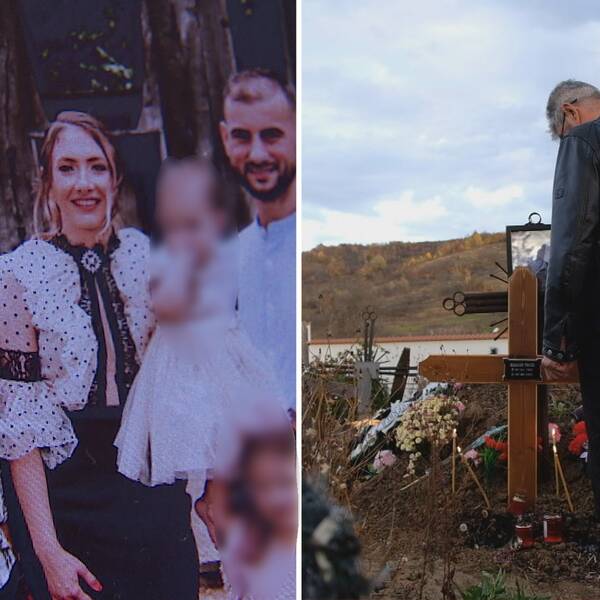 Familjeporträtt samt man som sörjer vid en grav.