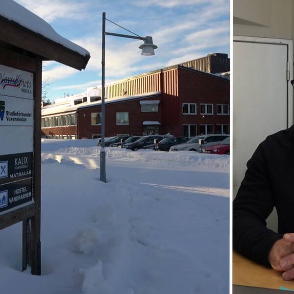 Till vänster en skylt med Kalix folkhögskola och skolan utifrån. Till höger en bekymrad Daniel Nilsson tillika rektor på skolan.