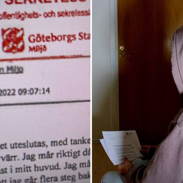 Tvådelad bild med en del av en begäran av skadestånd med maskad information och en bild på en anonym person med luva på huvudet sittandes med papper i handen.