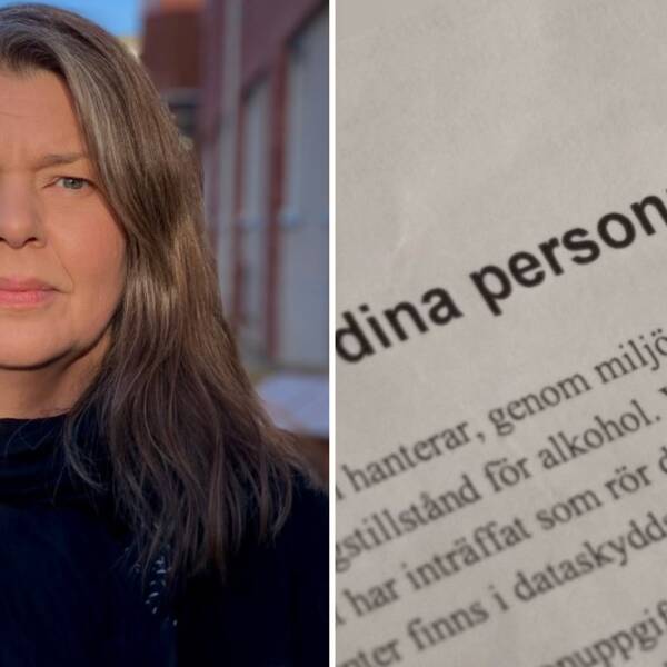 Tvådelad bild med Aili Giselsson , en kvinna, och ett dokument som det står ”dina personuppgifter” på.